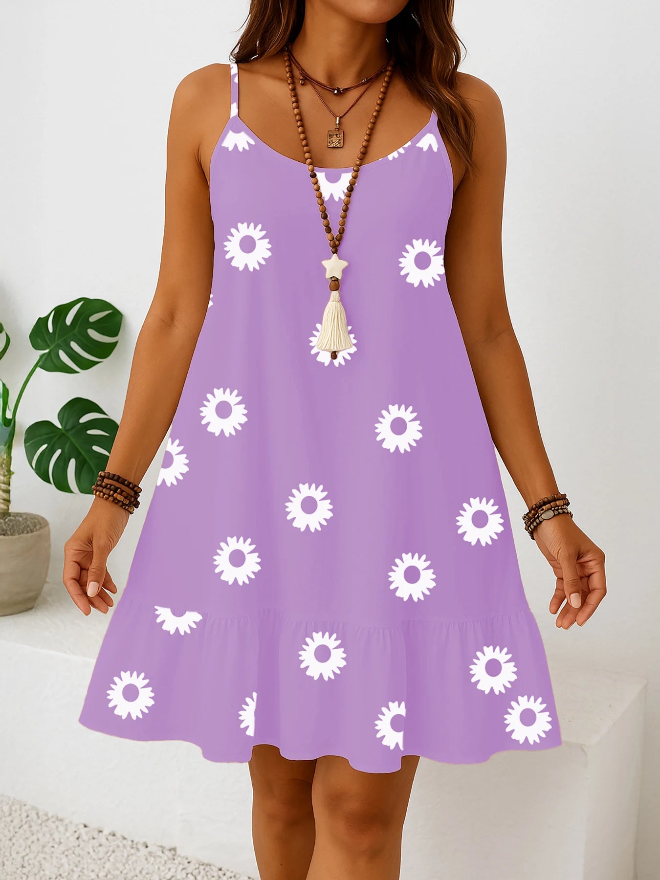 Plus size women’s sleeveless floral print dress, solid color sun dress with ruffled hem, casual summer fashion, lightweight and