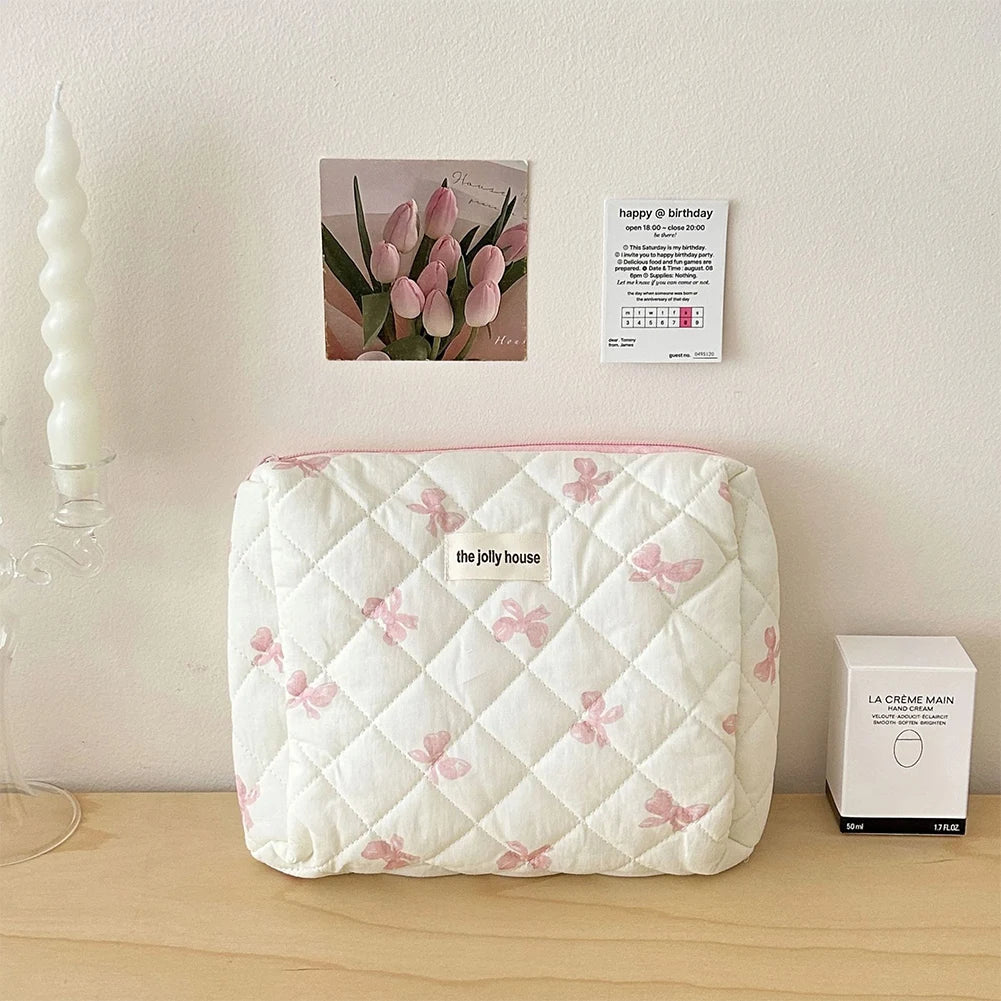 Cute Bow Toiletry Bag with Zipper Makeup Organizer Storage Bag Cotton Quilted Cosmetic Organizer Case for Women and Girls