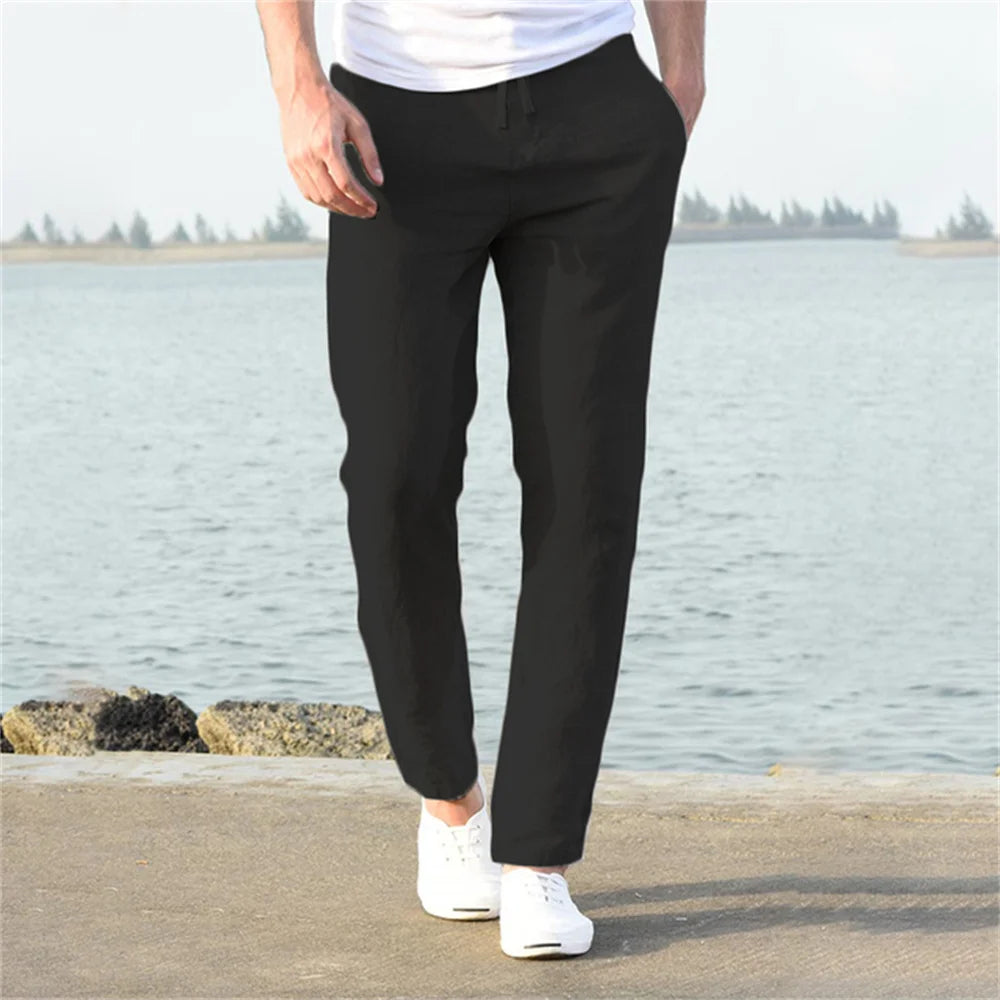 Men's Cotton Linen Casual Pants Baggy Streetwear Men Joggers Sports Trousers Solid Color Long Straight Trendy Pants for Men