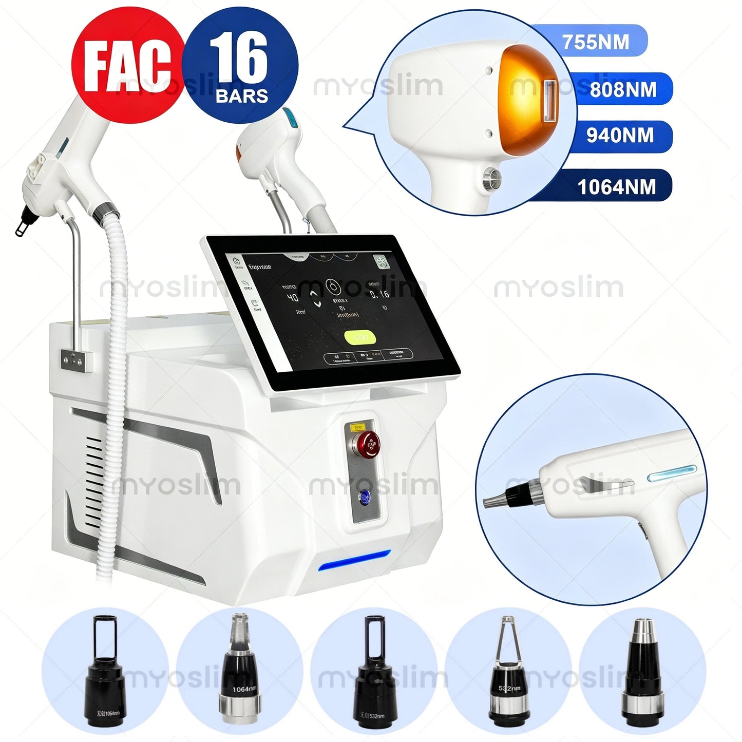 Myoslim 5000W FAC 4 Wavelength 755 808 940 1064Nm 2 In 1 Diode Lase Picosecond Hair Removal Tattoo Removal Beauty Equipment