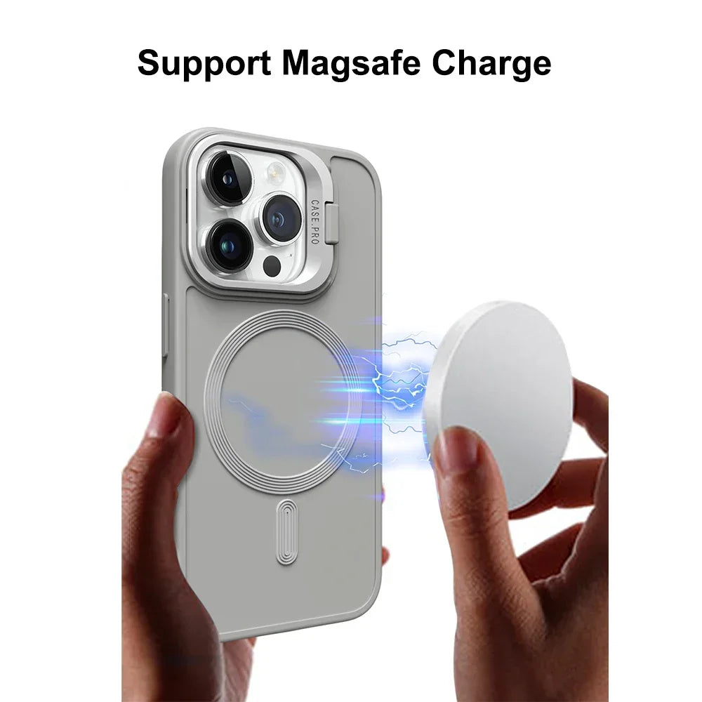 Stand Case for iPhone 16 15 14 13 12 11 Pro Max Cover Magnetic for Magsafe Wireless Charge Shell Camera Holder Soft Matte Fundas