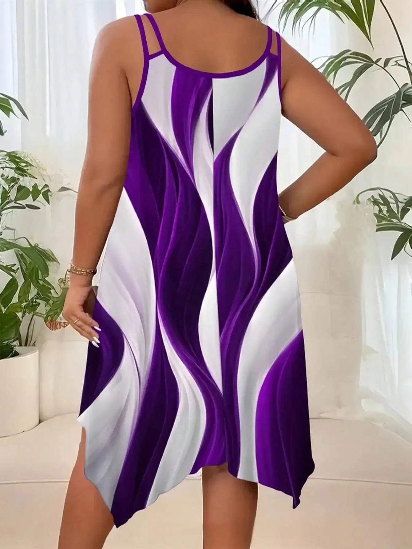Plus-size women's fashion asymmetrical geometric stripes printed double strap dress