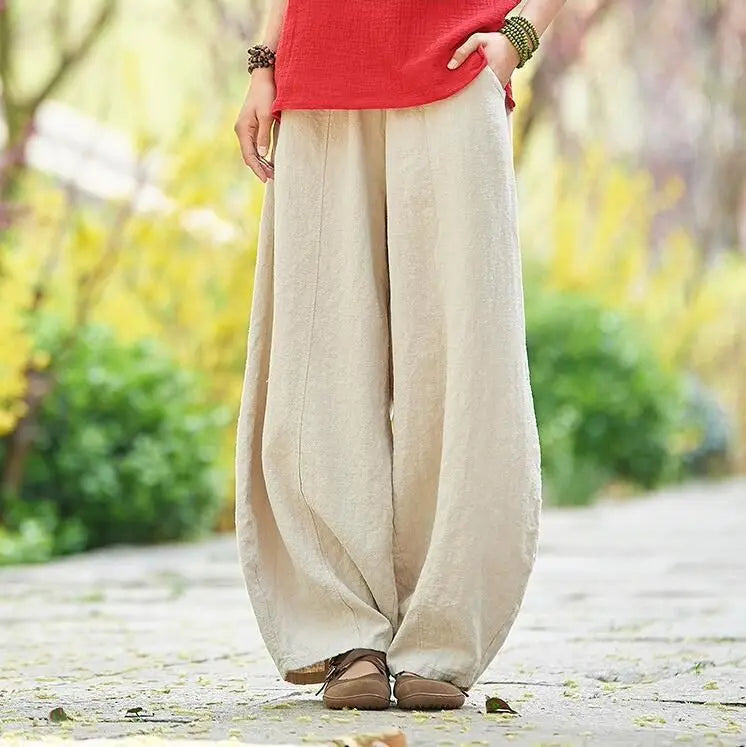 Women's Cotton Linen Vintage Wide Leg Pants With Elastic Waist Full Length