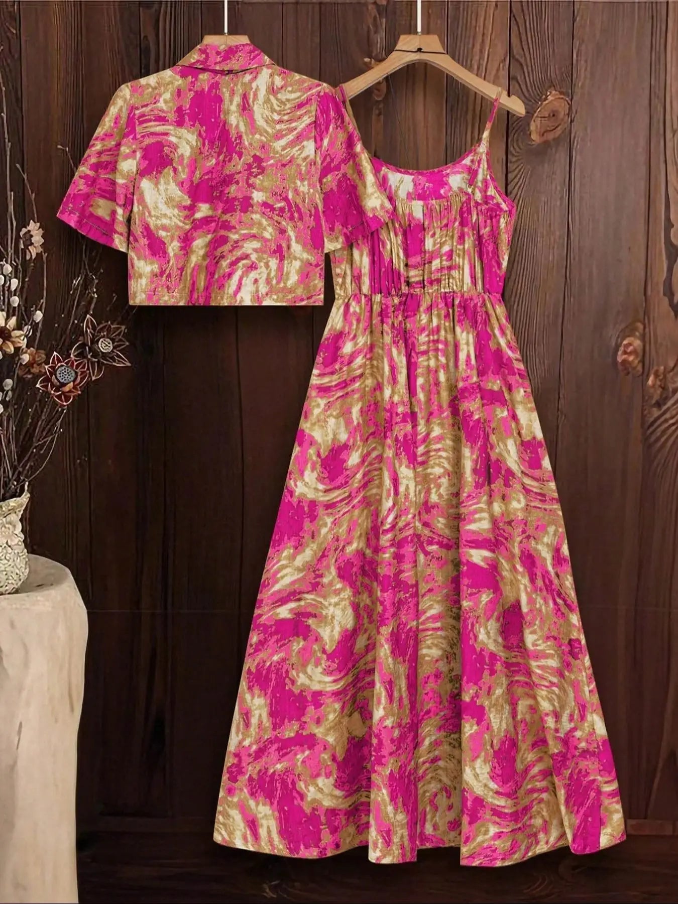 Plus Size Marble Print Tank Dress & Top Set, Casual Sleeveless Dress & Top, Women's Two-piece Outfits for All Seasons