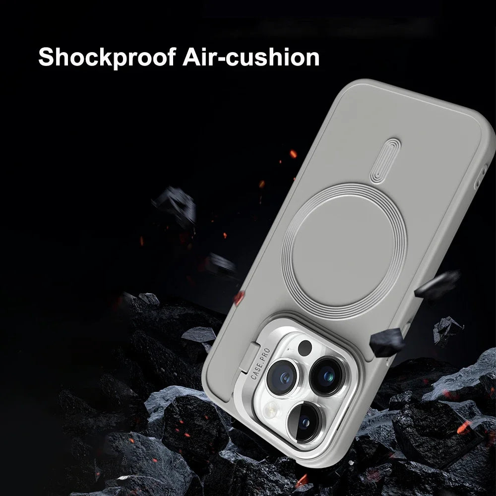 Stand Case for iPhone 16 15 14 13 12 11 Pro Max Cover Magnetic for Magsafe Wireless Charge Shell Camera Holder Soft Matte Fundas