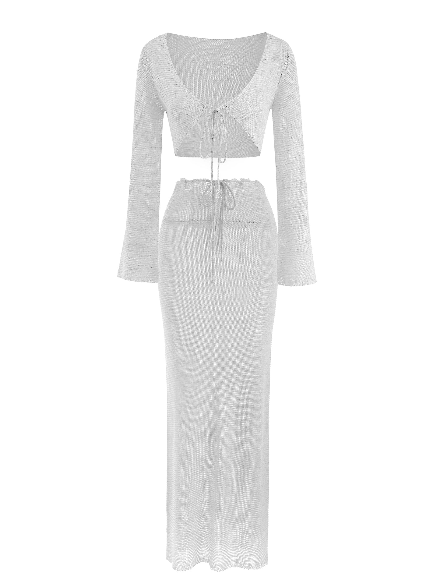 LORYLEI Elegant Knit V Neck Tie Front Two Piece Set Beach Wear