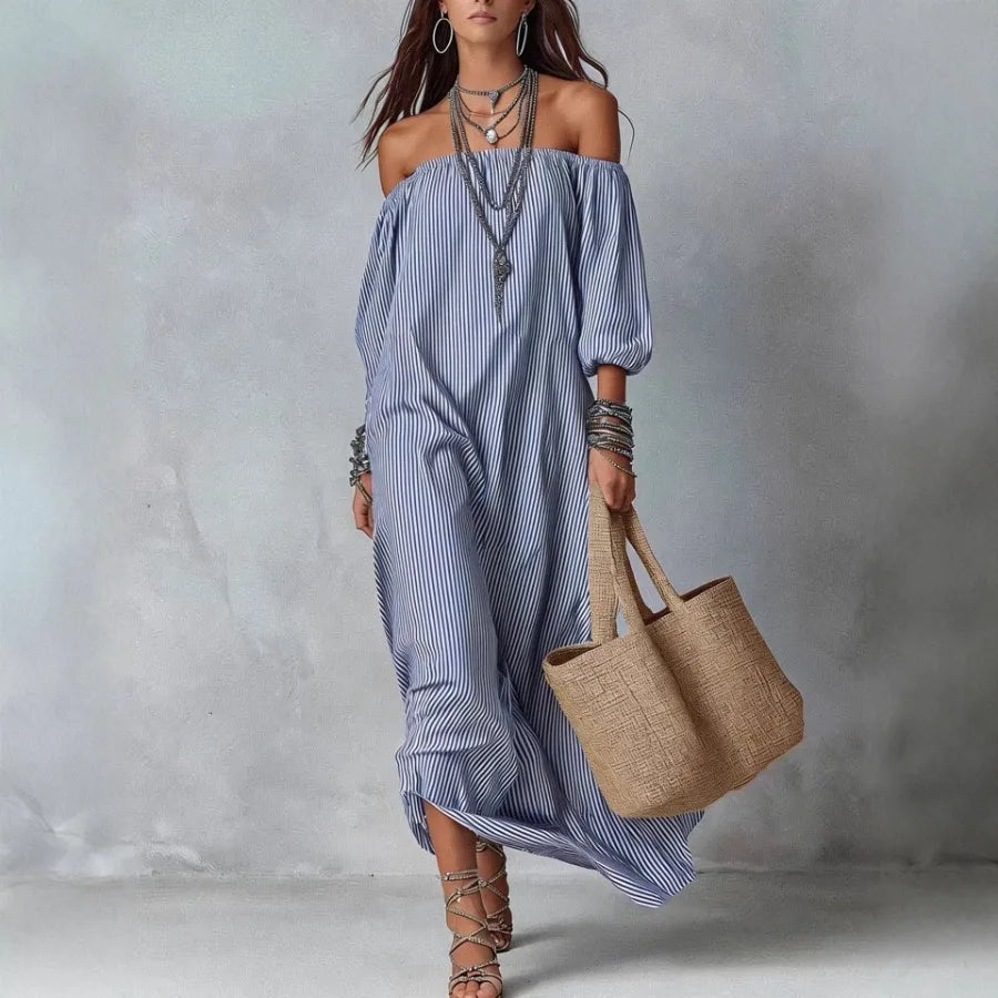 【New style】2026 new style in stock - European and American spring and summer elegant stripe off-the-shoulder loose vacation fas