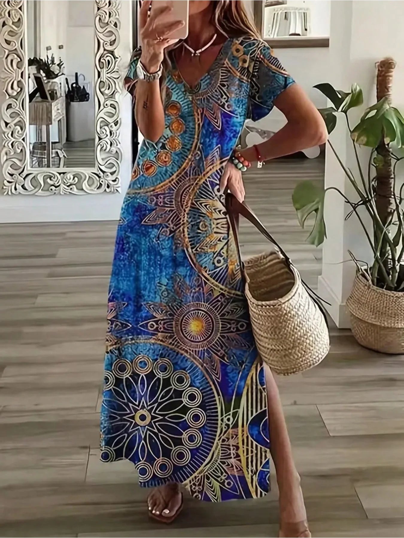 Bohemian Summer Casual Elegant Skirt Large Print Split V-neck Short Sleeve Elegant Large Dress Long Skirt