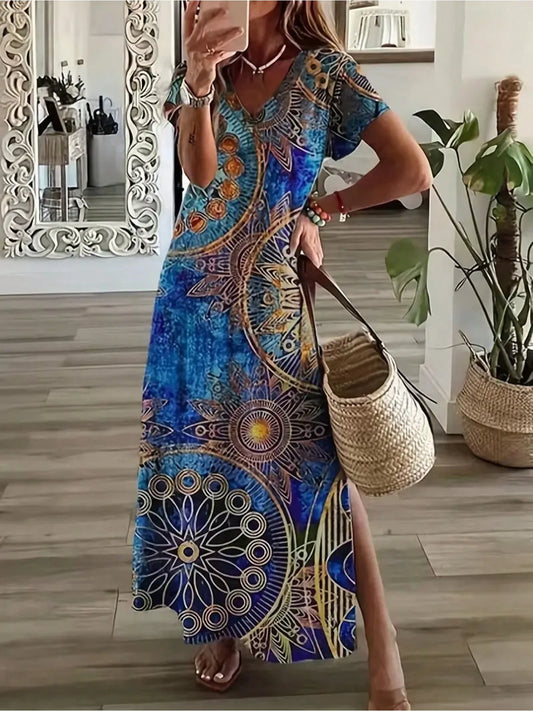 Bohemian Summer Casual Elegant Skirt Large Print Split V-neck Short Sleeve Elegant Large Dress Long Skirt