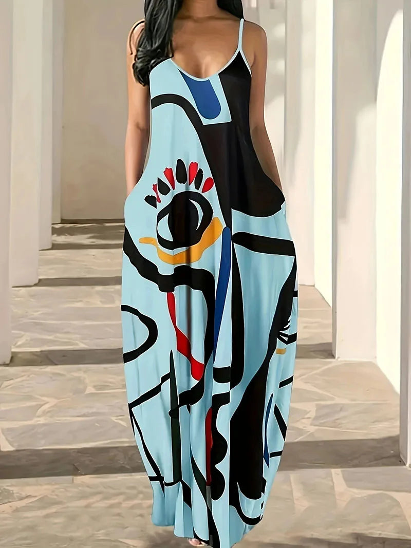 Plus SizeNew summer cool style camisole long skirt with abstract facial style, digital print temperament, street dress for women