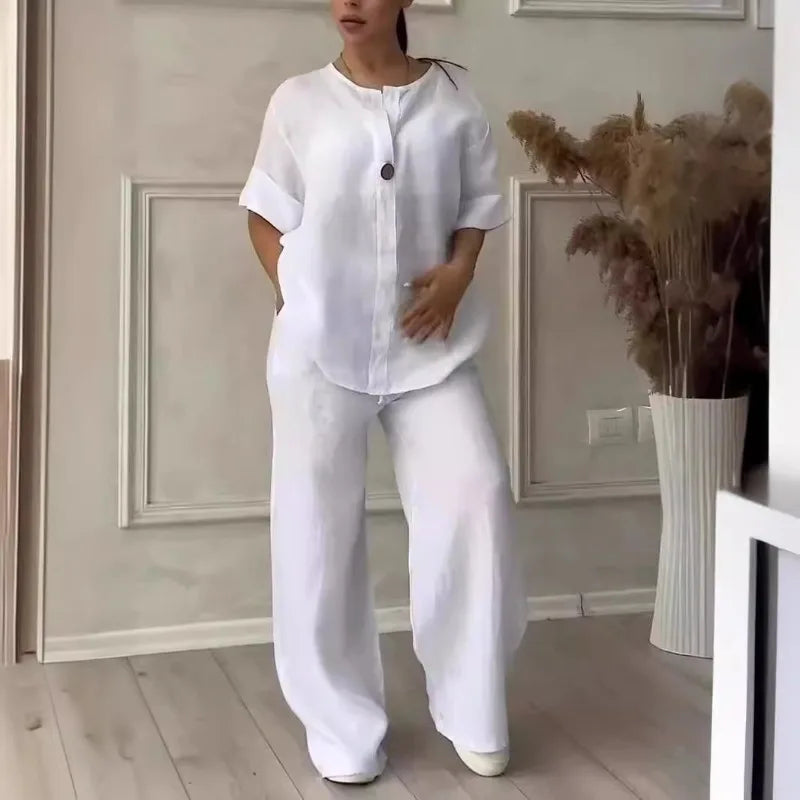 Women's Solid Color 2-Piece Set V-Neck Long Sleeve Top & Wide Leg Pants Casual Loose Lounge Suit Office Lady Simple Set