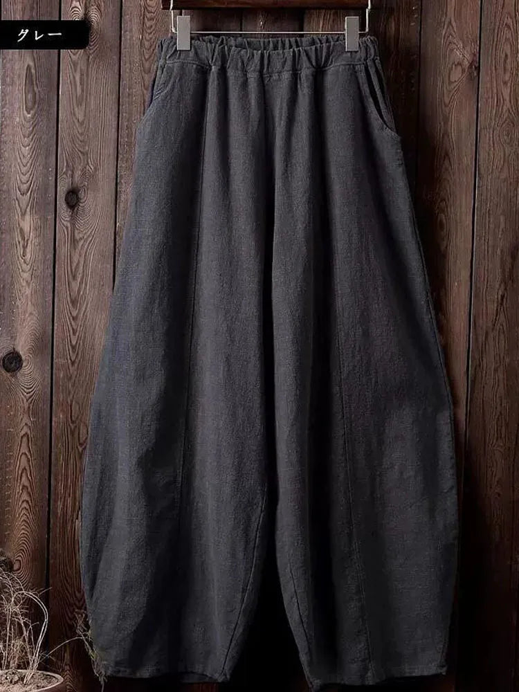 Women's Cotton Linen Vintage Wide Leg Pants With Elastic Waist Full Length