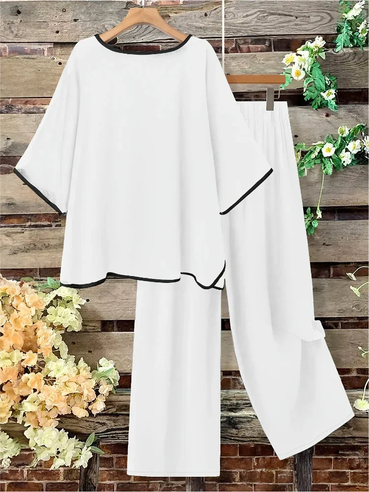 Plus Size Women Casual Fashion Set Loose Comfortable Open Split Half Sleeve Top Wide Pants Long Pant Two Piece Outfit Pajama Set