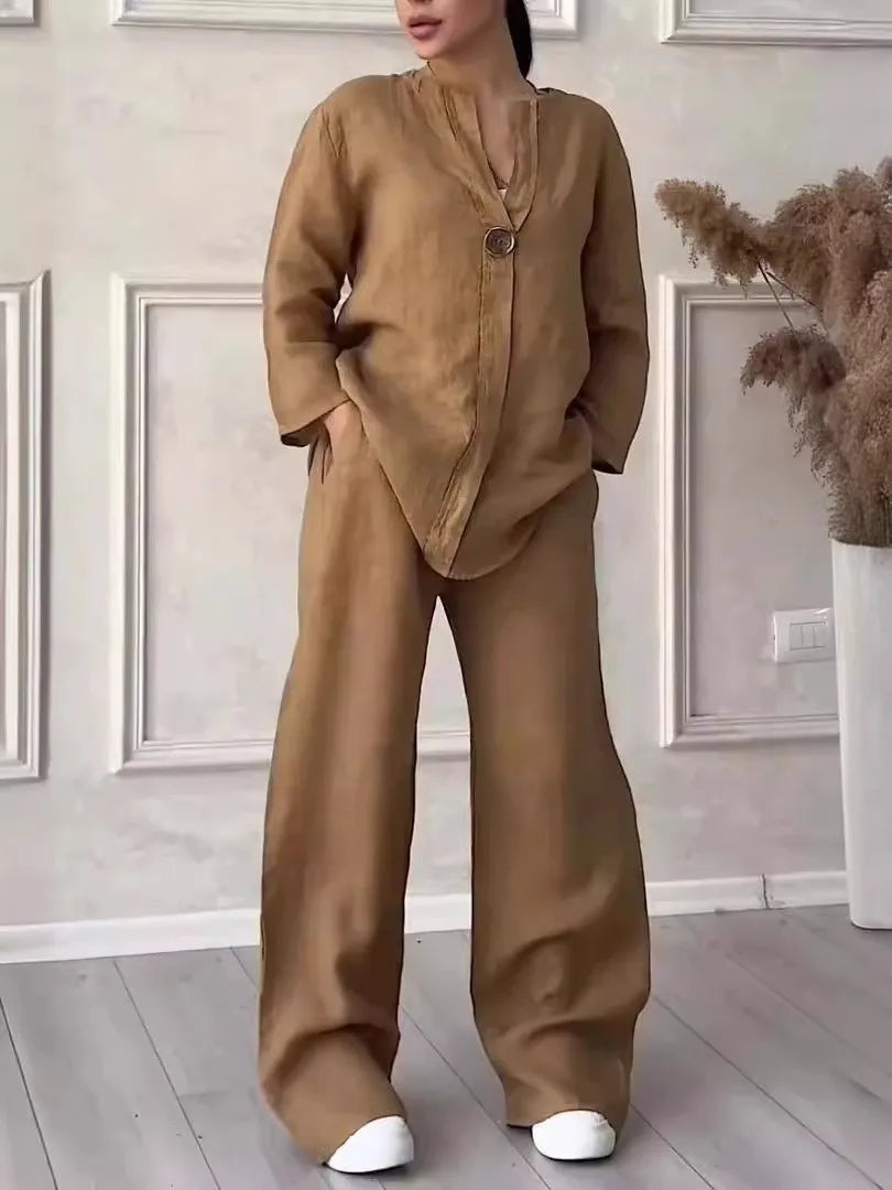 Women's Solid Color 2-Piece Set V-Neck Long Sleeve Top & Wide Leg Pants Casual Loose Lounge Suit Office Lady Simple Set