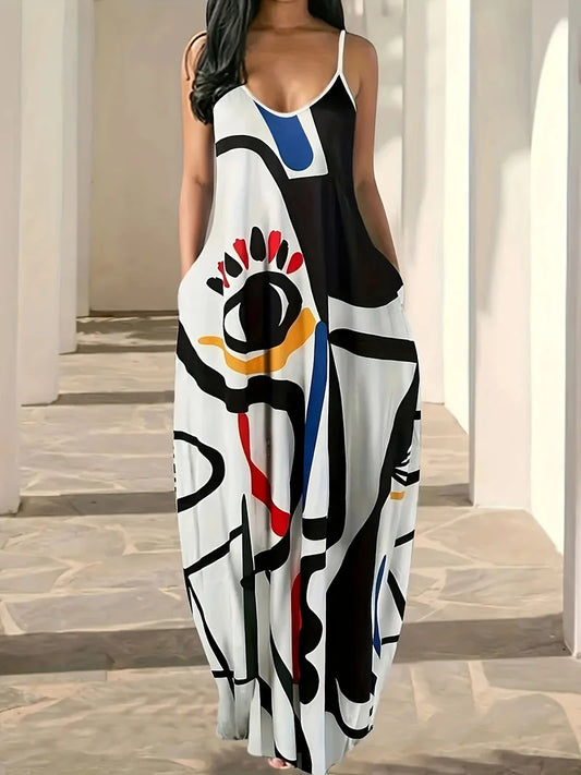 Plus SizeNew summer cool style camisole long skirt with abstract facial style, digital print temperament, street dress for women