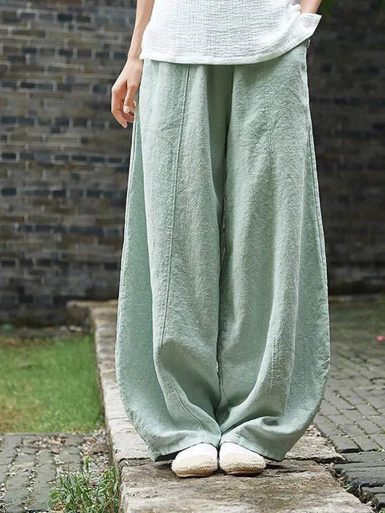 Women's Cotton Linen Vintage Wide Leg Pants With Elastic Waist Full Length