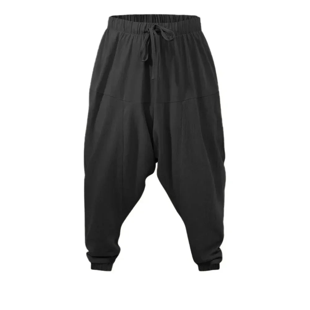 Harem Pants for Men Cotton Linen Drop Crotch Cozy Streetwear Loose Fit Breathable Lightweight Long Pants Male Joggers