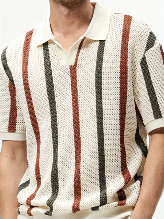 Men's Summer Chunky Knit Short-Sleeve Polo Shirt With Stripes And Contrast Colors, Casual Wear For Daily Outings