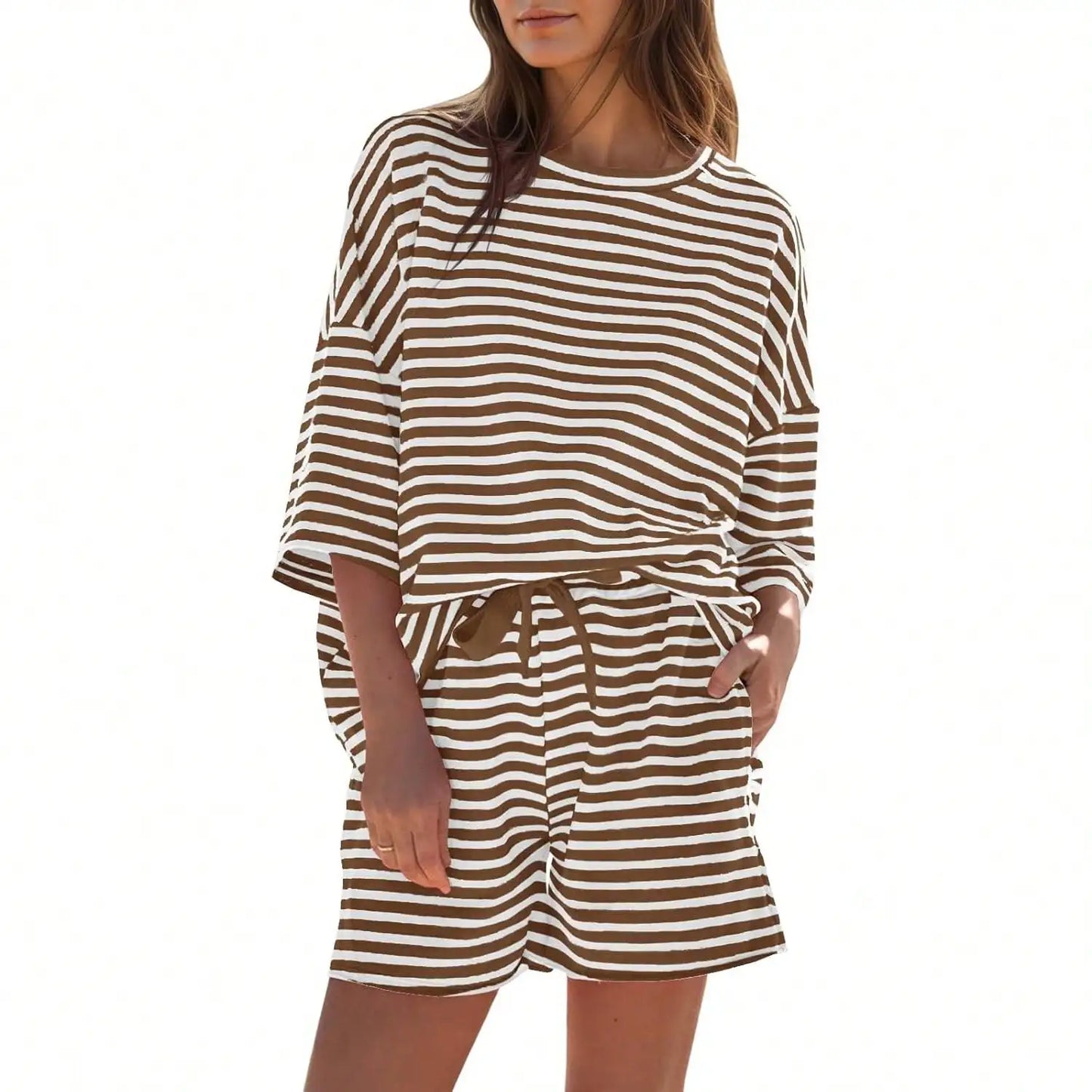 Fisoew Striped Athleisure 2 Piece Lounge Set With High Waisted Shorts