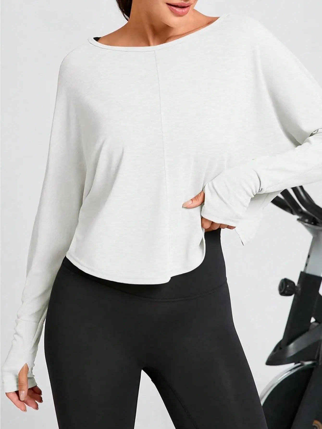 Fisoew Crossover Back Long Sleeve Workout Top, Women's Cropped Long Sleeve Gym Shirt With Thumb Holes, Athletic Yoga Tee