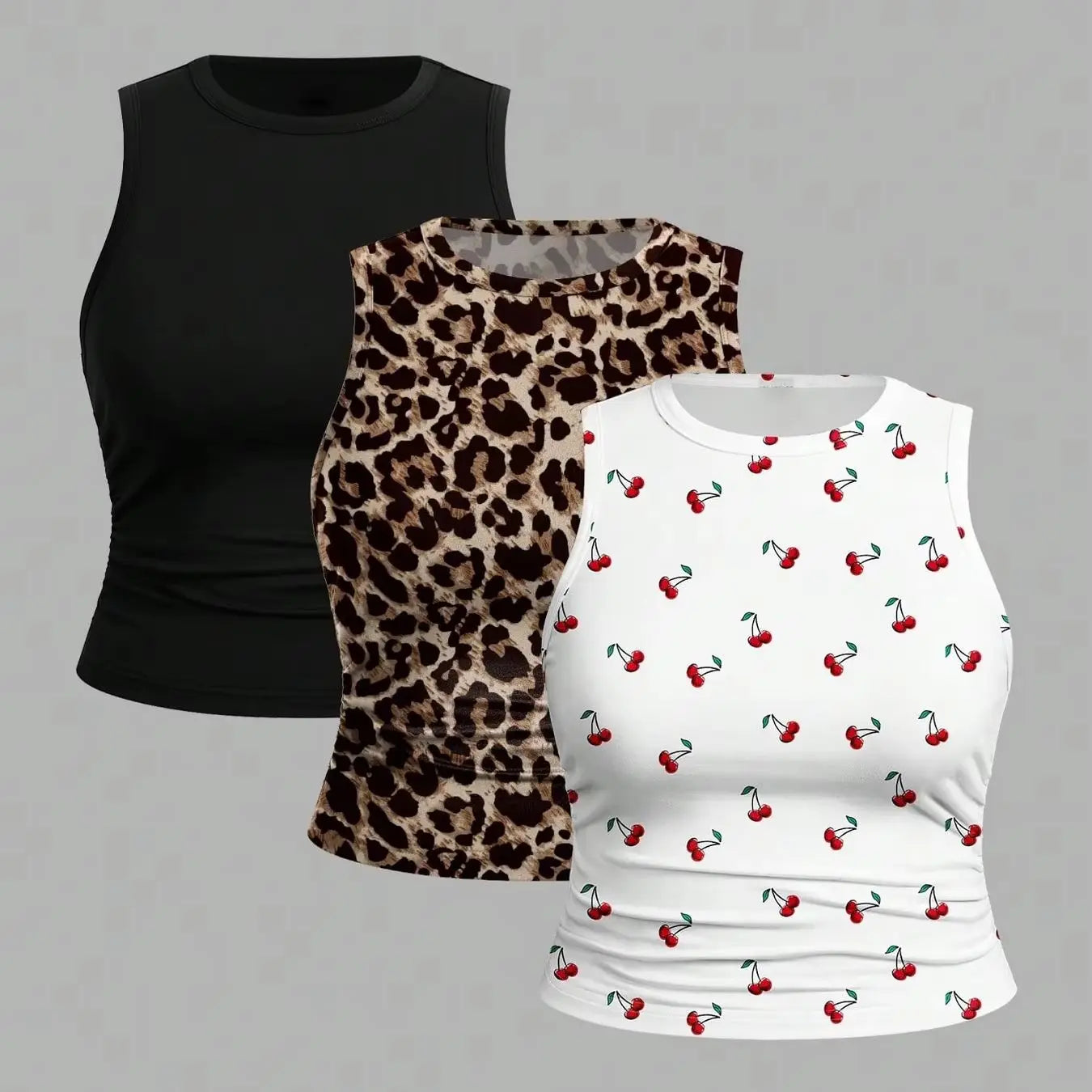 3PC Leopard Print Cherry Print Round Neck Sleeveless Vest, Sweet and Cool Style Slim Fit Short and Plus Size Vest Top