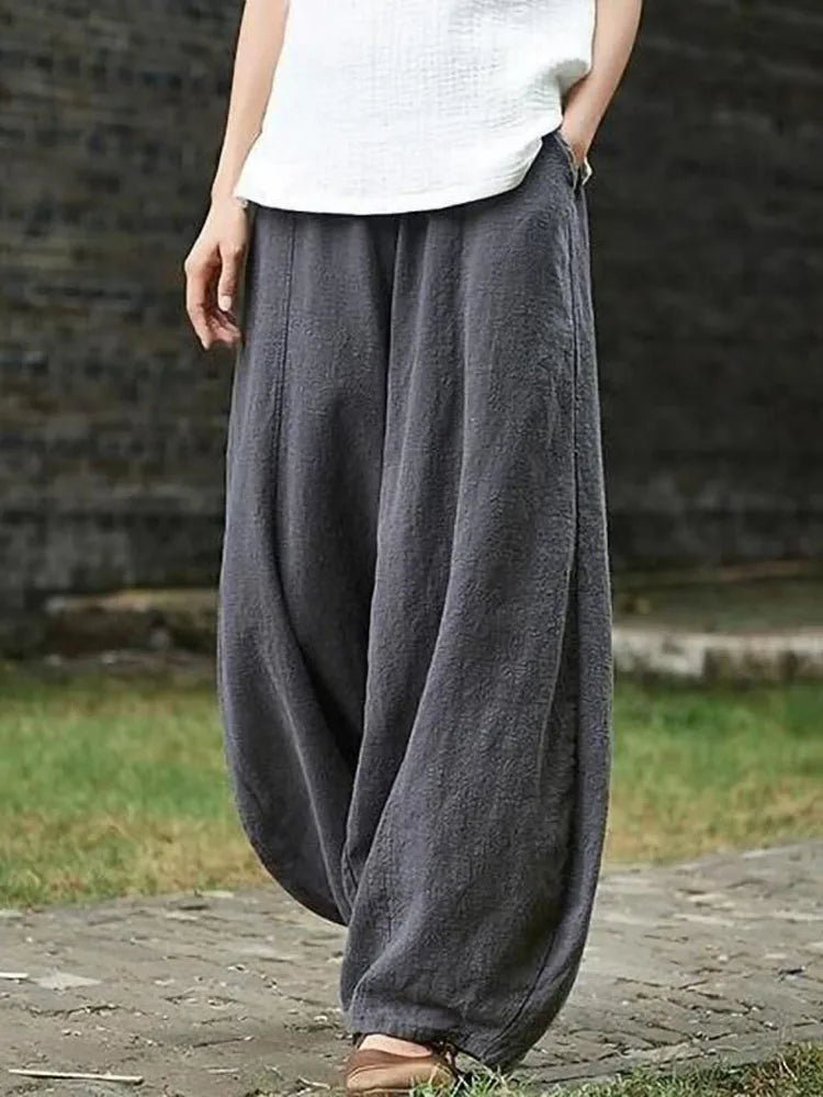 Women's Cotton Linen Vintage Wide Leg Pants With Elastic Waist Full Length