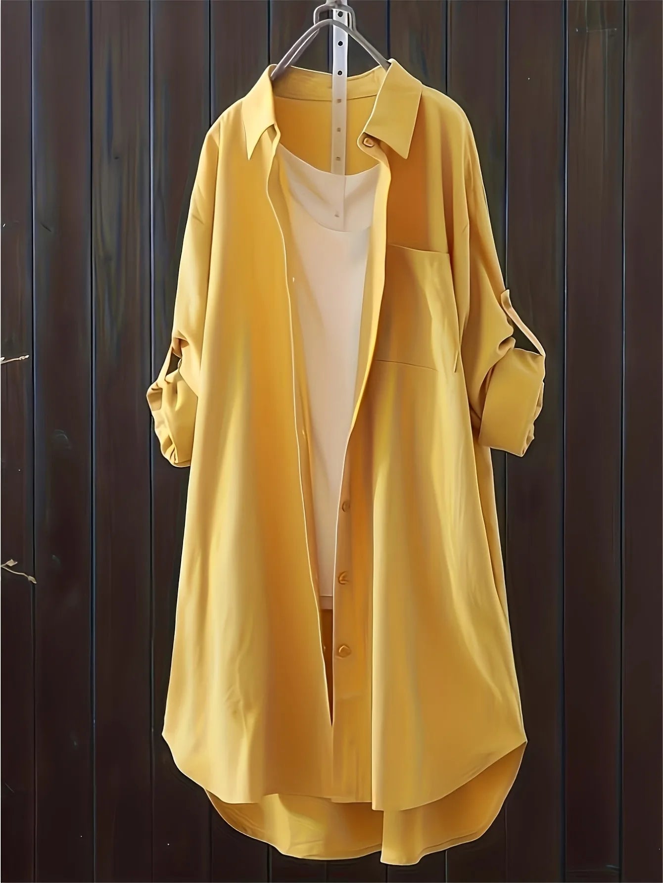 Rosa fera Plus Size Women's Longline Shirt, Roll Up Long Sleeve Button Front High Low Hem Loose Fit Blouse with Pocket