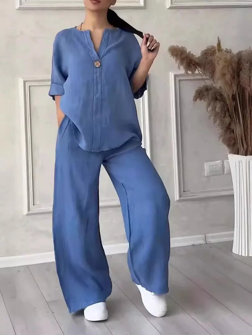 Women's Solid Color 2-Piece Set V-Neck Long Sleeve Top & Wide Leg Pants Casual Loose Lounge Suit Office Lady Simple Set