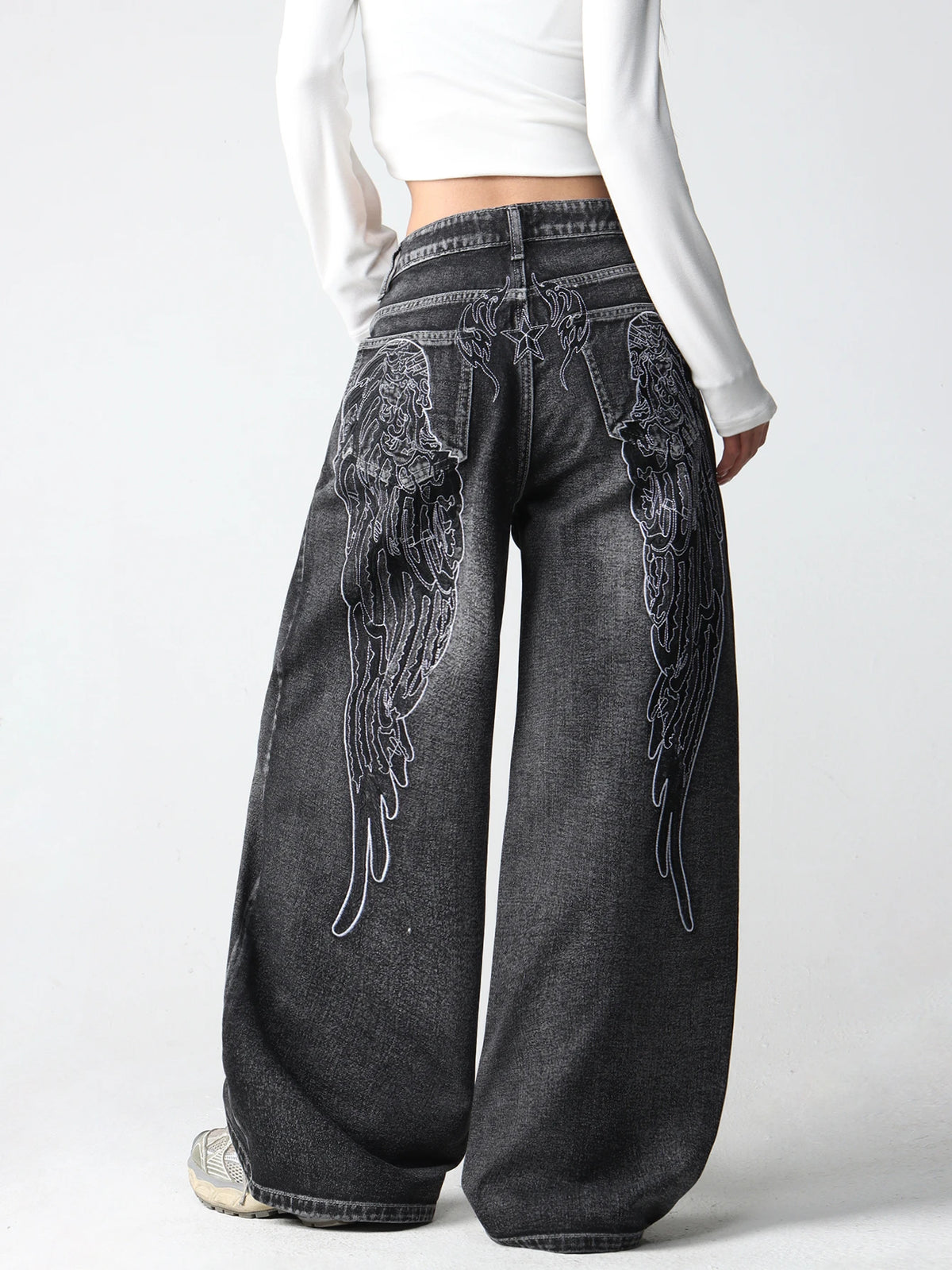 Womens Retro Wing Embroidered Wide Leg Denim Jeans