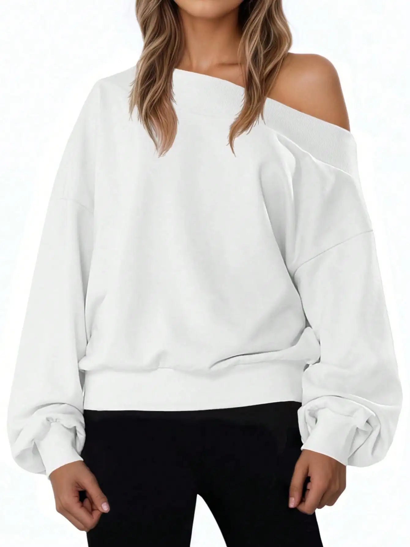 Fisoew Off Shoulder Sweatshirt - Oversized Long Sleeve Pullover | Loose Fit Casual Top | Fall Cozy Streetwear Basic Clothes