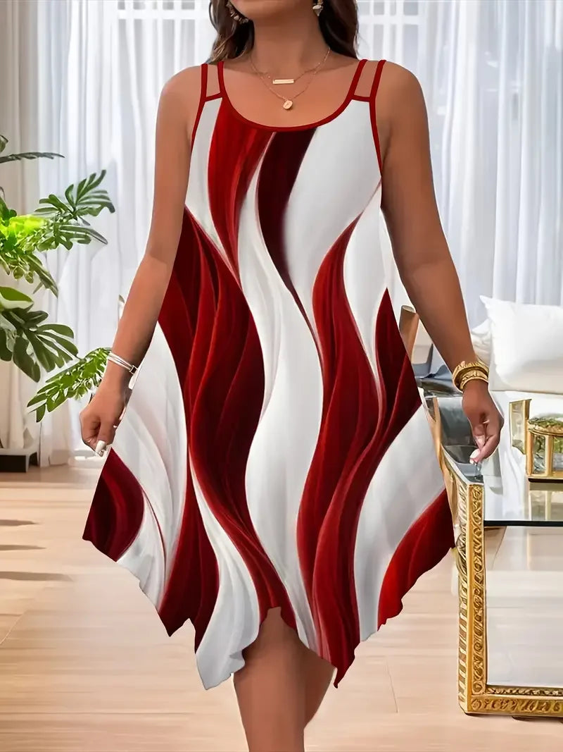 Plus-size women's fashion asymmetrical geometric stripes printed double strap dress