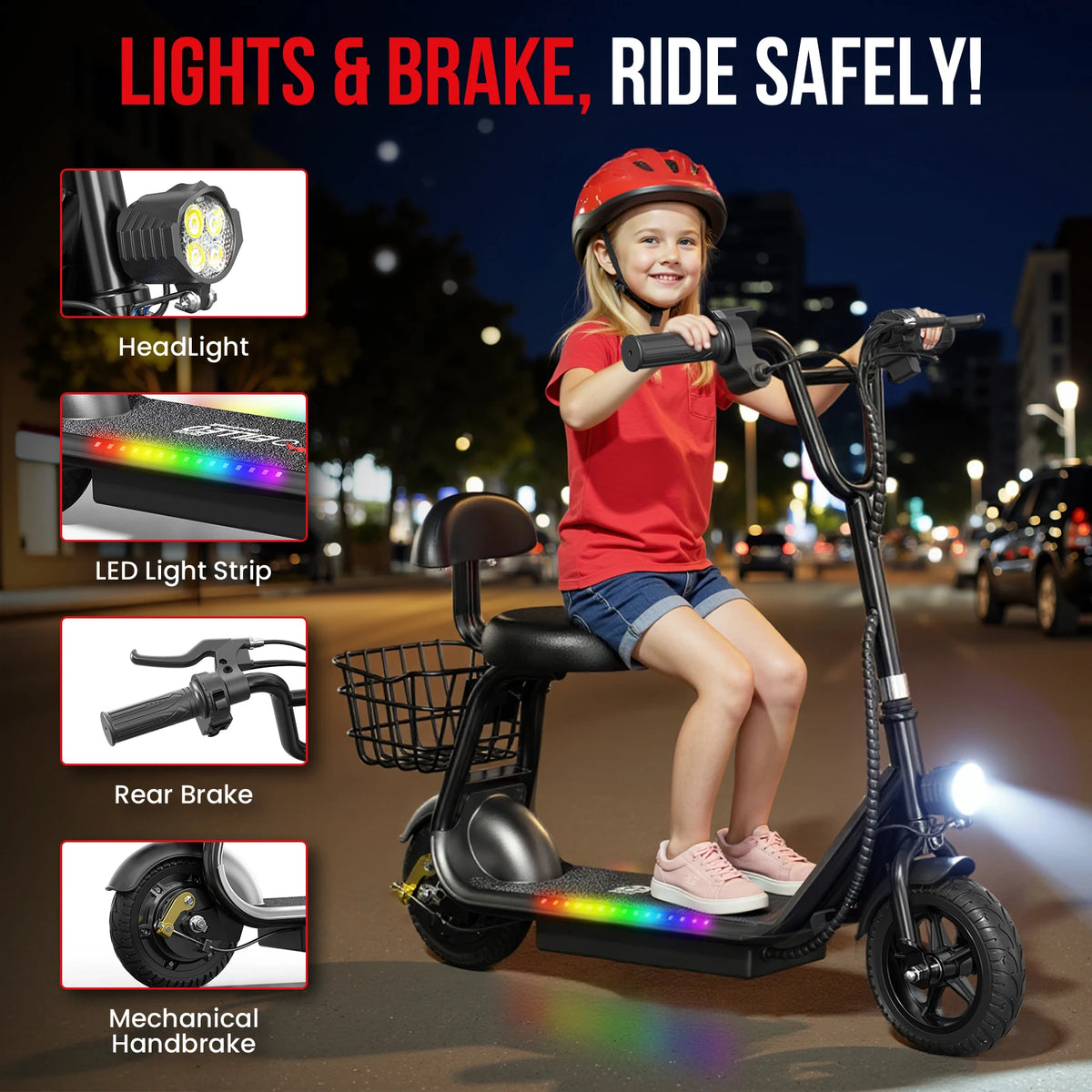Eilleo Kids Electric Scooter Bluetooth Speaker Foldable Seat Basket