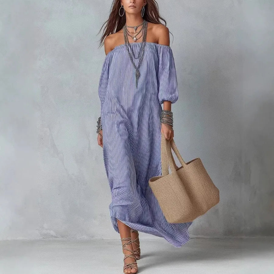 【New style】2026 new style in stock - European and American spring and summer elegant stripe off-the-shoulder loose vacation fas