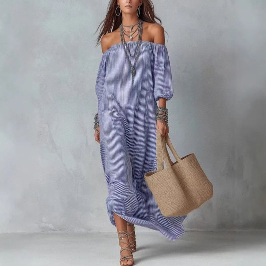 【New style】2026 new style in stock - European and American spring and summer elegant stripe off-the-shoulder loose vacation fas