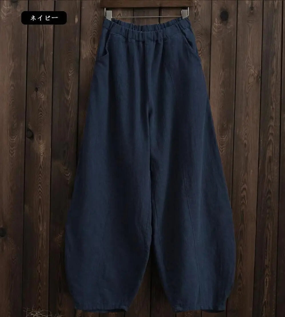 Women's Cotton Linen Vintage Wide Leg Pants With Elastic Waist Full Length