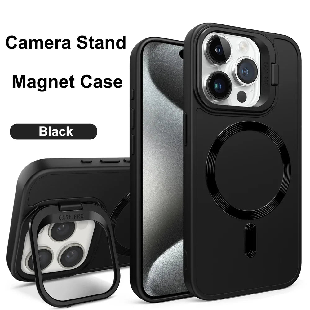 Stand Case for iPhone 16 15 14 13 12 11 Pro Max Cover Magnetic for Magsafe Wireless Charge Shell Camera Holder Soft Matte Fundas