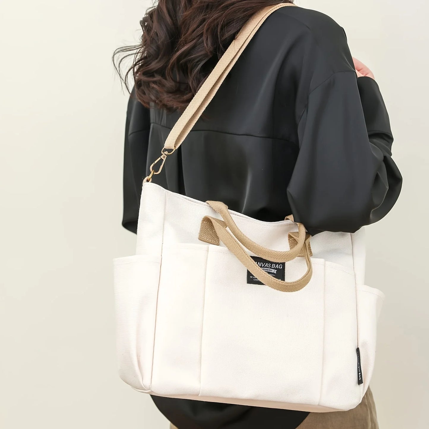 Women's Multi-Pocket Tote Bag, Vintage Canvas Shoulder Bag, Multi-functional Crossbody Bag for Daily Use