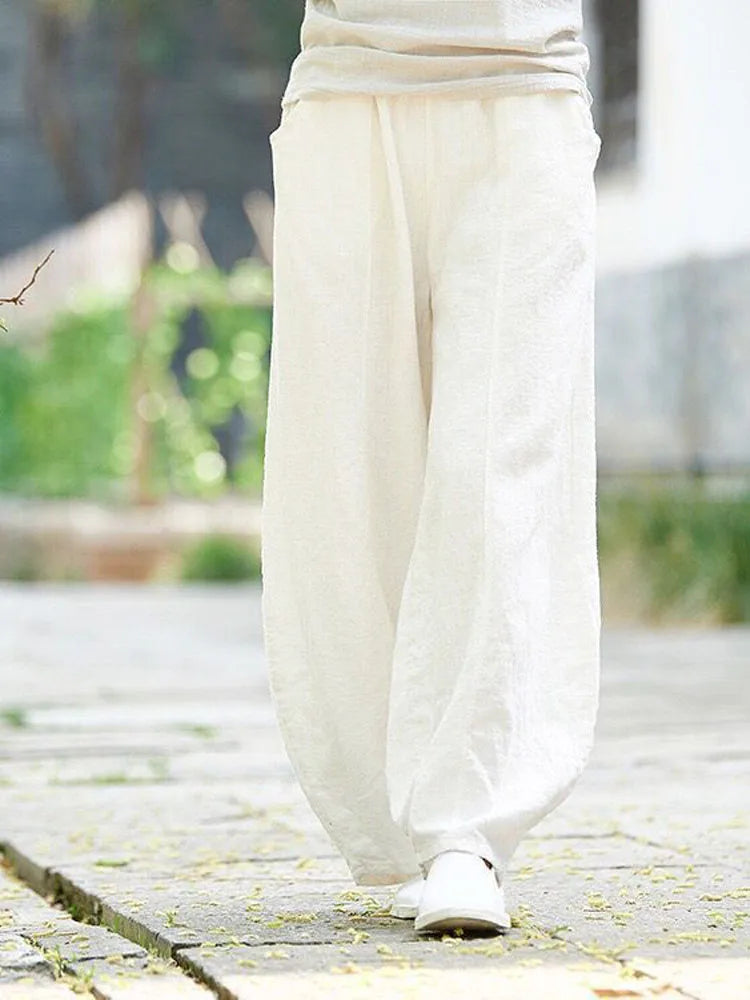 Women's Cotton Linen Vintage Wide Leg Pants With Elastic Waist Full Length
