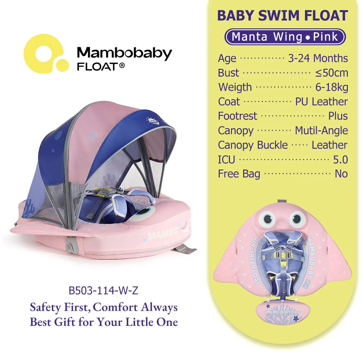 Mambobaby Pool Float With Safety Belt Non Inflatable Canopy Baby