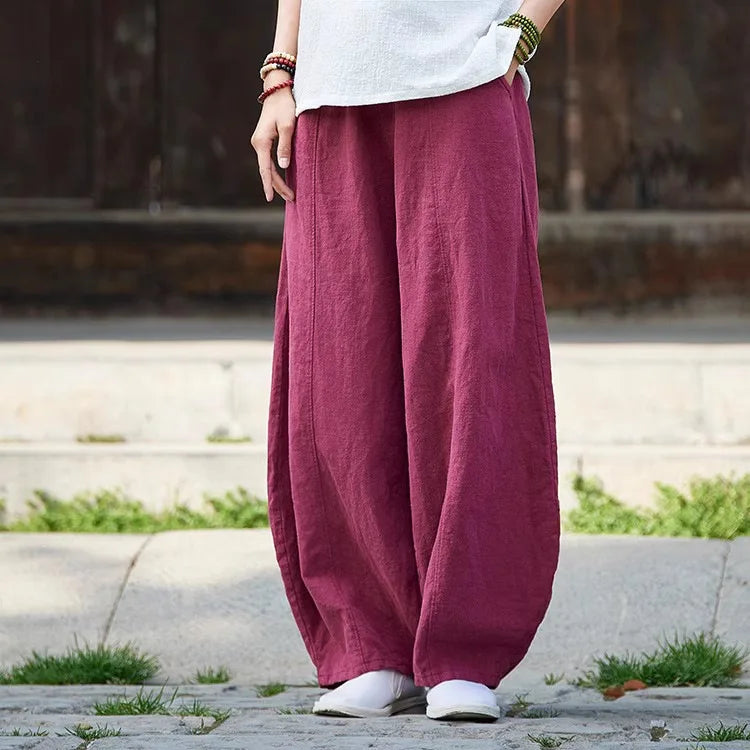 Women's Cotton Linen Vintage Wide Leg Pants With Elastic Waist Full Length