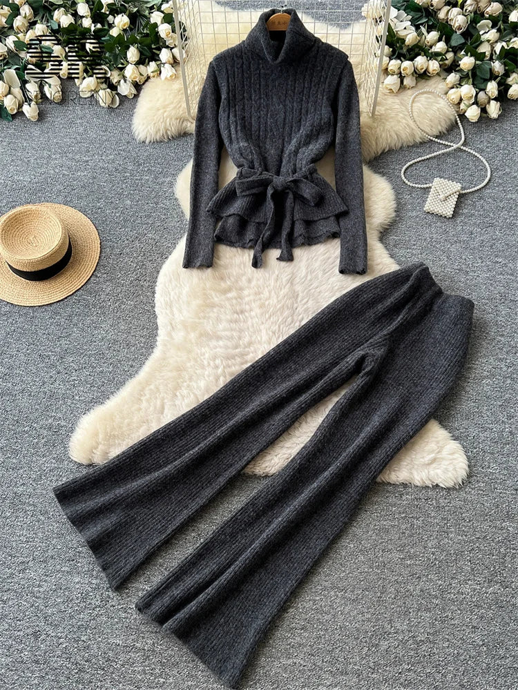 SINGREINY Autumn Turtleneck Commute Sets Tierred Belt Vest+Full Sleeve Pullover+Long Pants Elastic Women Classy Knit 3pcs Sets