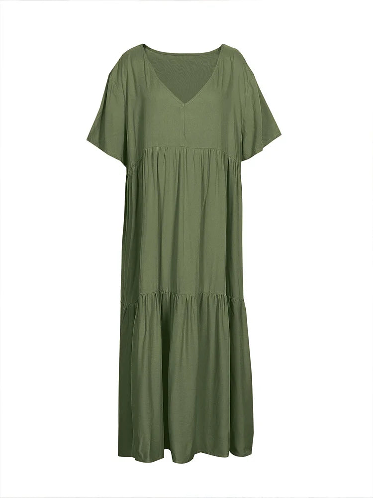 plus Size Women's Casual Loose V-Neck Solid Long Dress Spring Summer Pleated Big Size Women's Dress