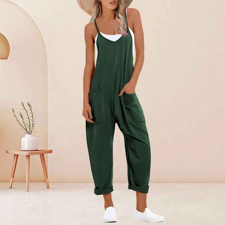 Plus Size Solid Sleeveless V Neck Jumpsuit with Slip Pockets, Casual Women's Clothing