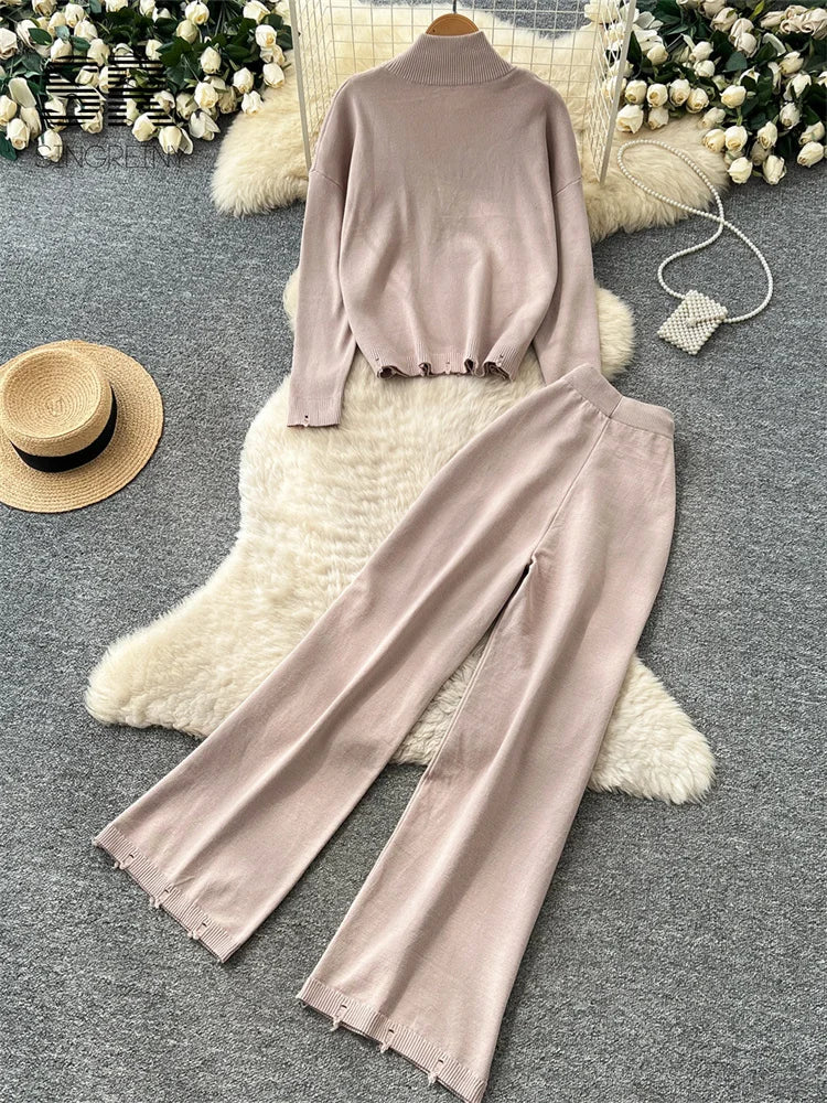 SINGREINY Minimalist Autumn Casual Suits Female Zipper Sweater+Drawstring Wide Leg Pants Hole Loose Daily Commute Lazy 2pcs Sets