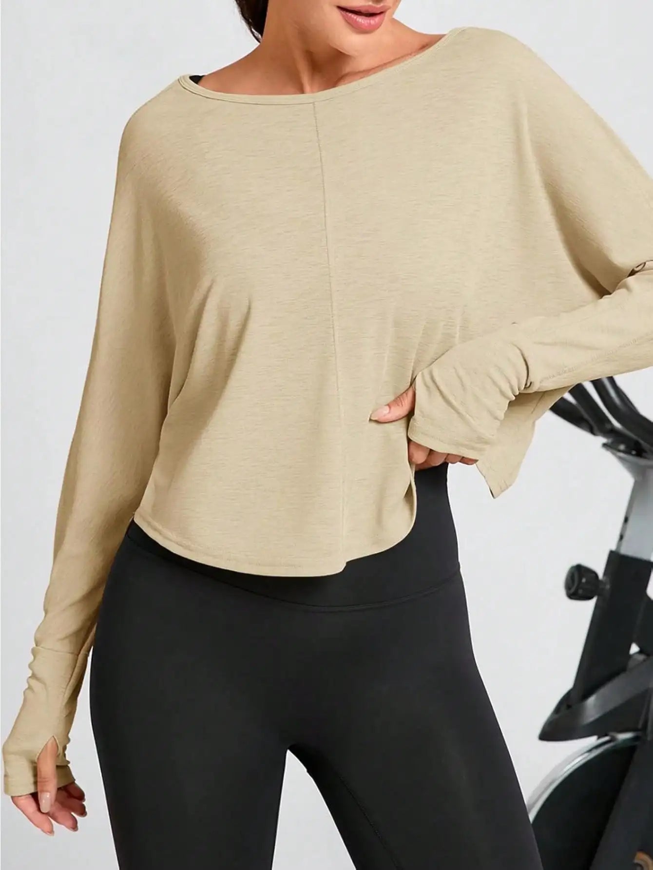 Fisoew Crossover Back Long Sleeve Workout Top, Women's Cropped Long Sleeve Gym Shirt With Thumb Holes, Athletic Yoga Tee