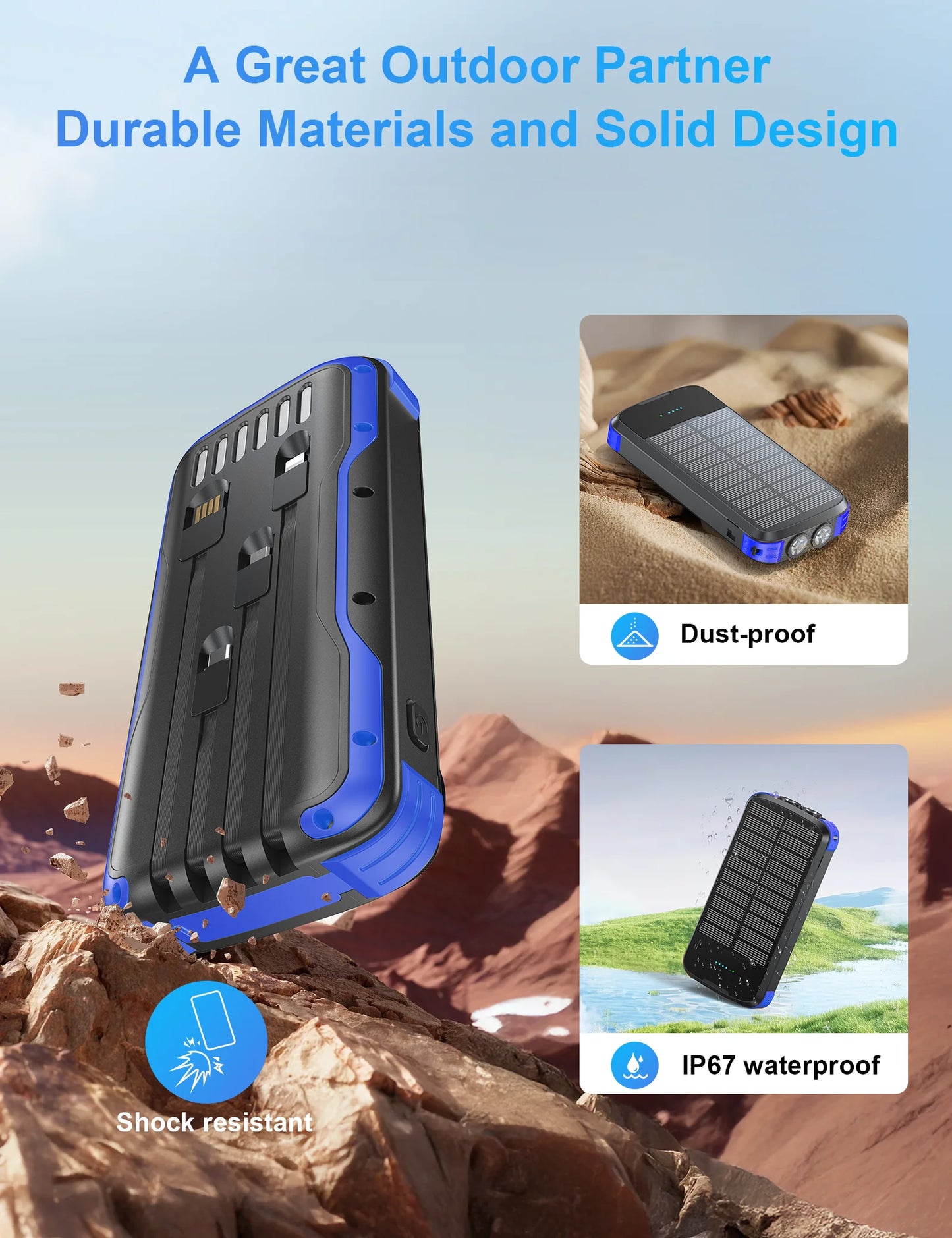 40000mAh Solar Charger,22.5W USB + 20W Type-C PD Fast Charging,Built-in 4 Cables, LED Flashlight, Portable Power Bank for Phones