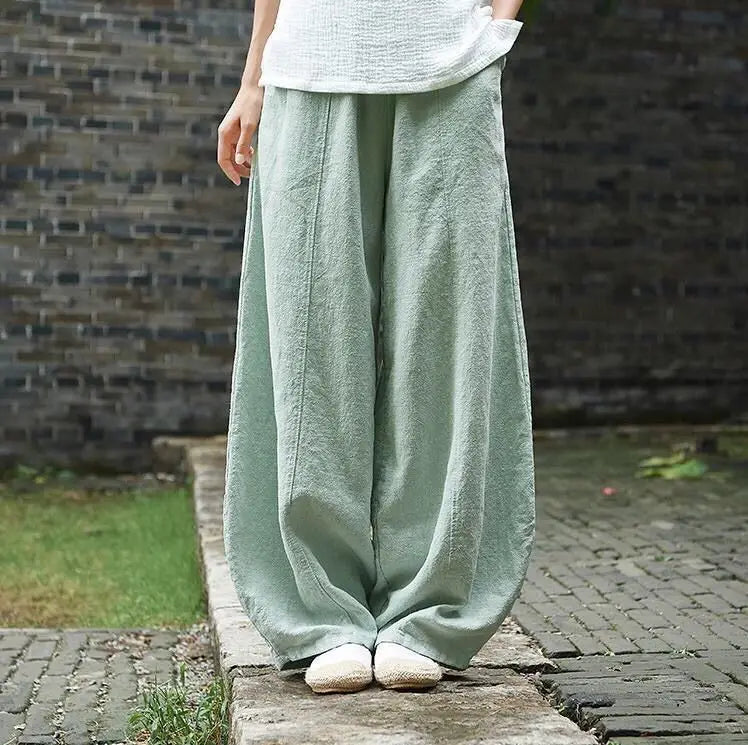Women's Cotton Linen Vintage Wide Leg Pants With Elastic Waist Full Length
