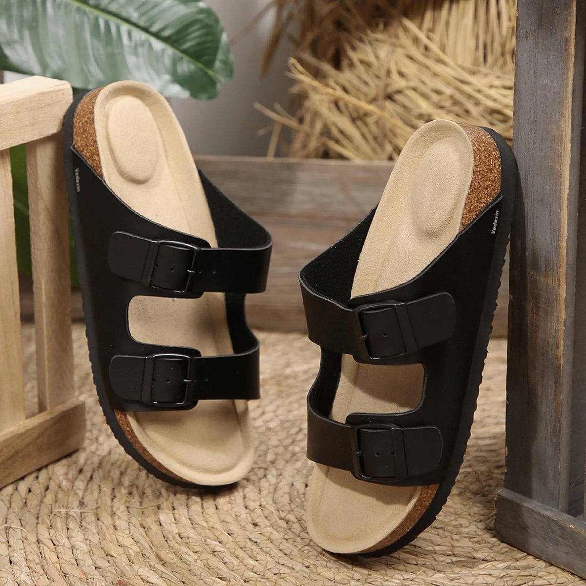 Womens Double Buckle Slide Sandals With Cork Footbed For Indoor Outdoor Wear
