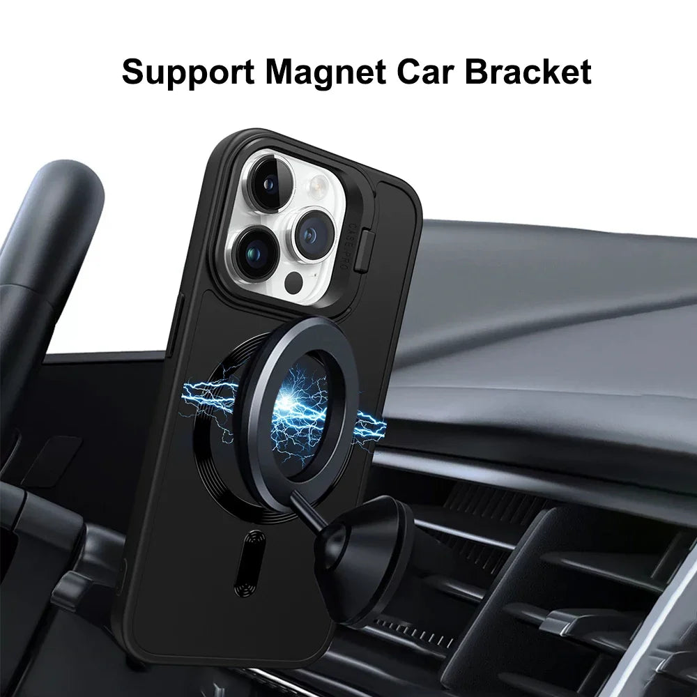 Stand Case for iPhone 16 15 14 13 12 11 Pro Max Cover Magnetic for Magsafe Wireless Charge Shell Camera Holder Soft Matte Fundas
