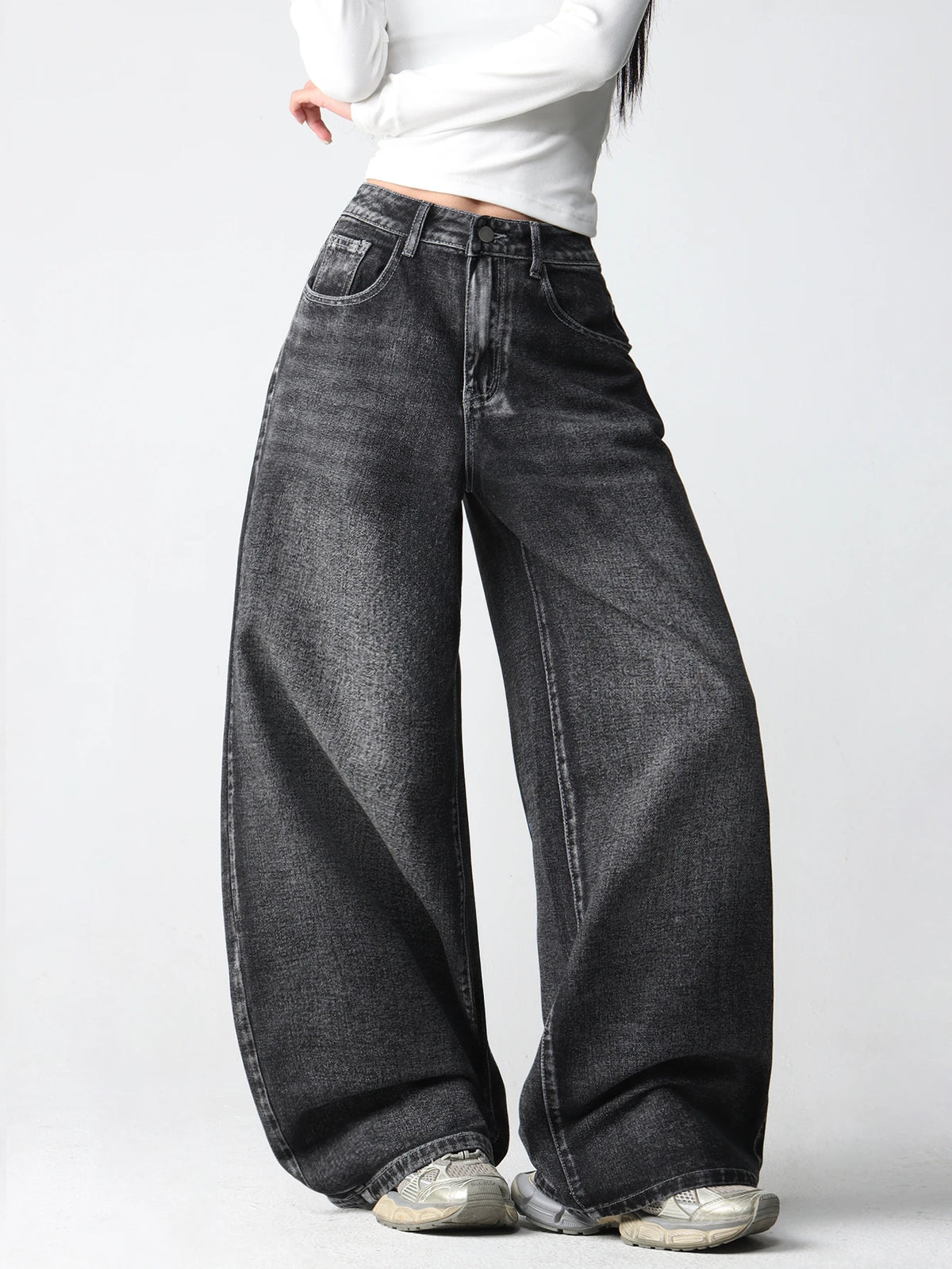 Womens Retro Wing Embroidered Wide Leg Denim Jeans